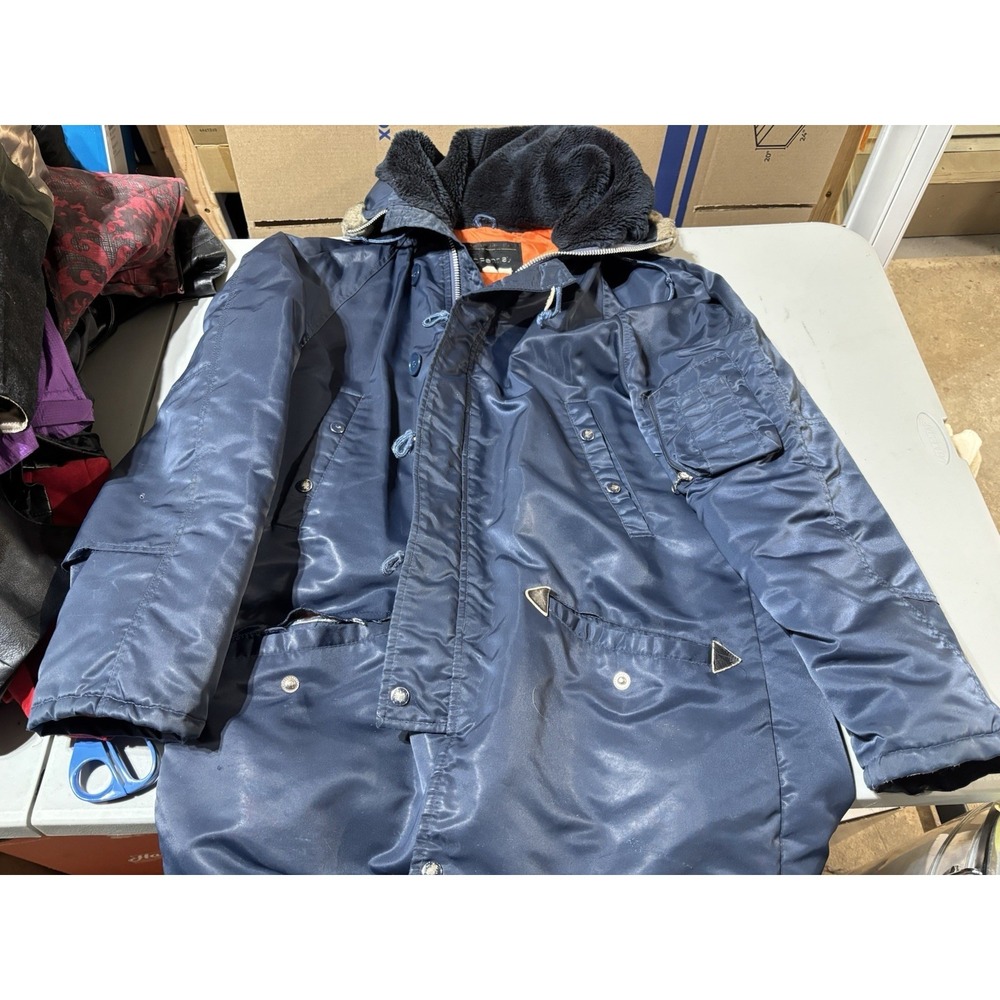 Rare Vintage JCPENNEY Full‎ Zip Faux Fur Hood Parka Arctic Jacket 70s 80s Blue L